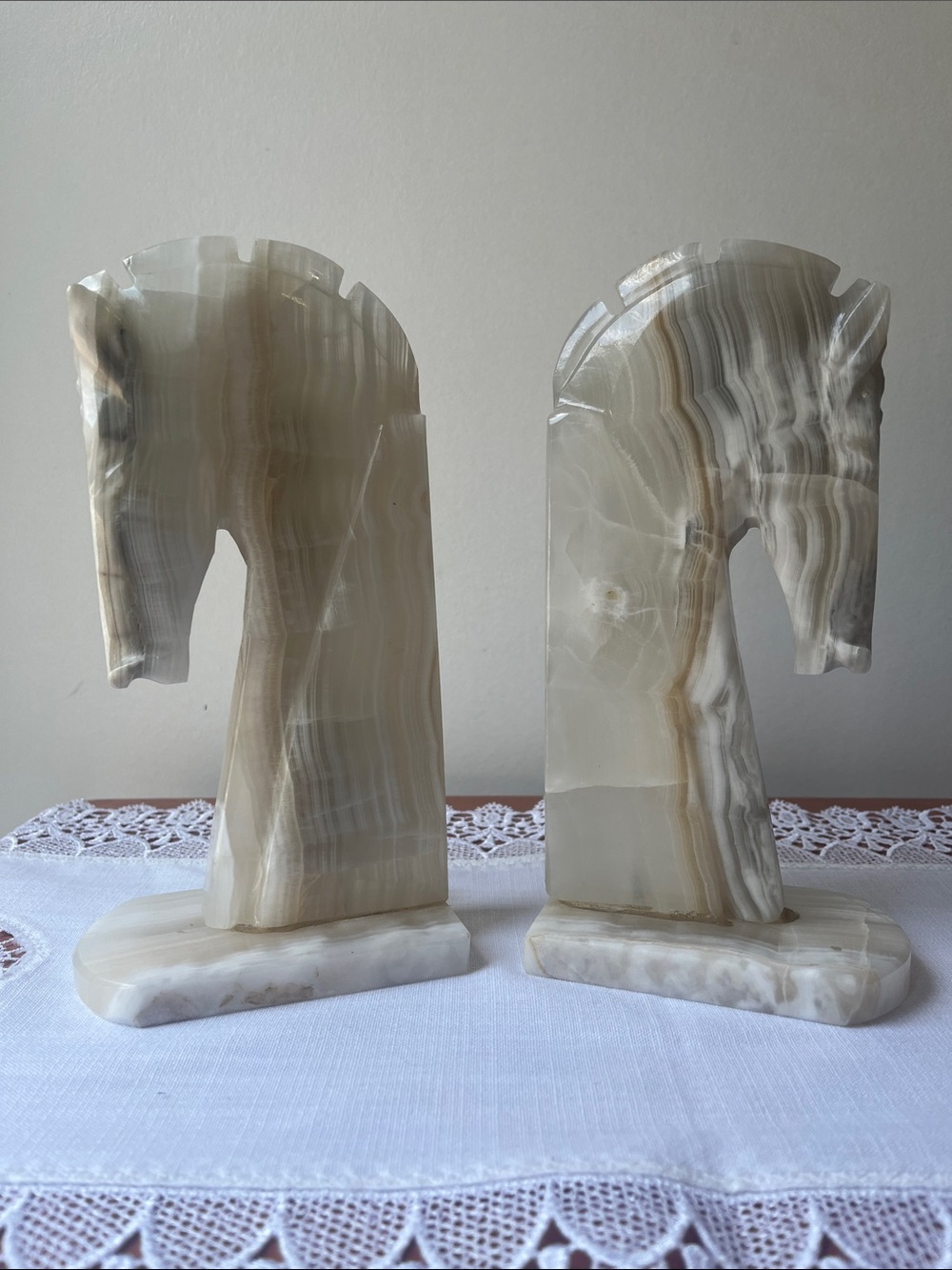 Vintage Carved White Onyx Horse Head Bookends - Mid Century Art Deco